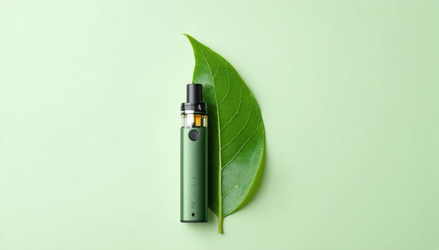 Eco-friendly vaping device alongside a green leaf representing sustainable practices