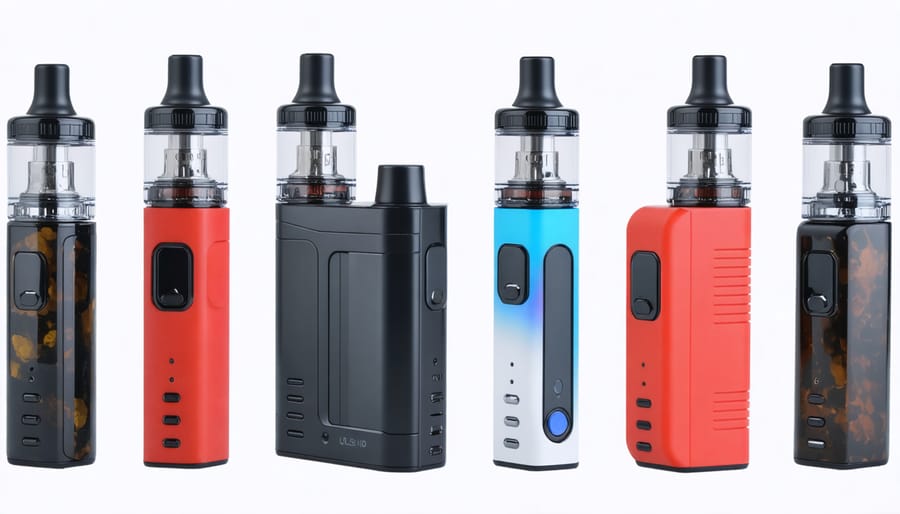 Array of modern vaping devices and an assortment of e-liquid bottles