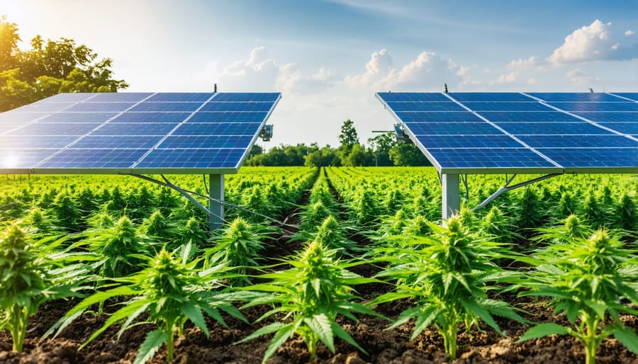 Aerial view of eco-friendly hemp farm featuring renewable energy integration